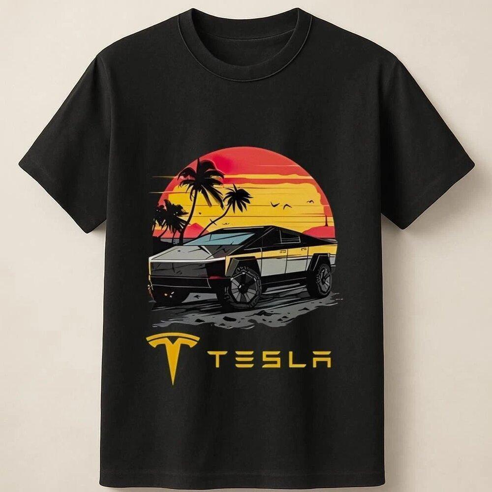 Tesla Cybertruck With Tropical Vibes And Bold Sunset Silhouette Unisex T Shirt